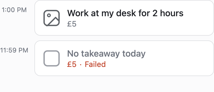 Two commitments in the spondeo app: "Work at my desk for 2 hours", £5, due 1:00 PM, awaiting photo evidence; and "No takeaway today", due 11:59 PM, marked Failed with its £5 charged.